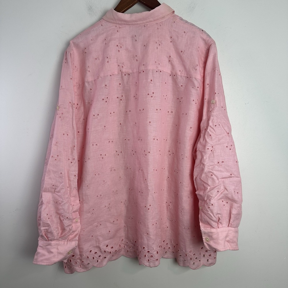 New Ralph Lauren Linen Shirt Womens 2X Button Up Pink Eyelet Lace Roll Tab L/S - Picture 5 of 8